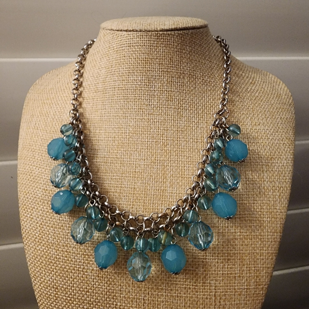 Blue Aqua Beaded Silver Bib Statement Necklace Dangle Party Bright Retro Fun